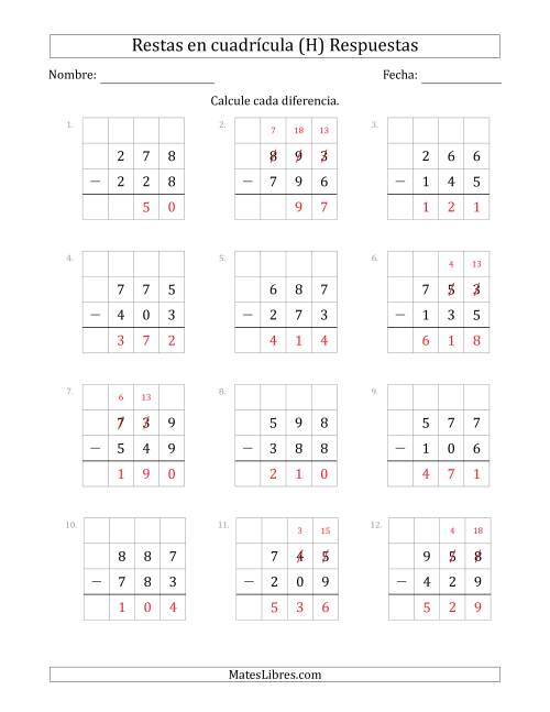 La hoja de ejercicios de Restar números de 3 dígitos, de números de 3 dígitos, con ayuda de una cuadrícula (H) Página 2