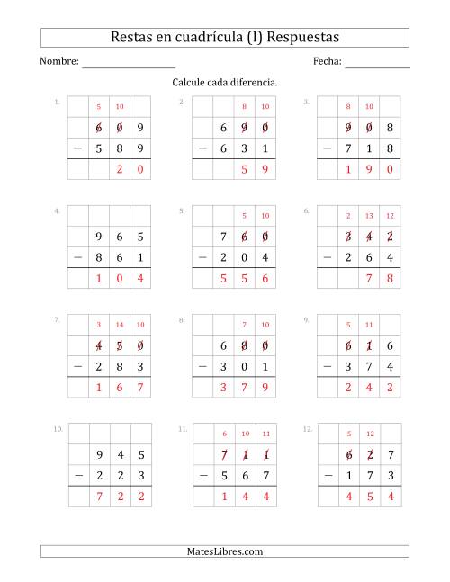 La hoja de ejercicios de Restar números de 3 dígitos, de números de 3 dígitos, con ayuda de una cuadrícula (I) Página 2