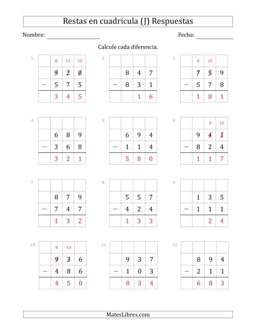 La hoja de ejercicios de Restar números de 3 dígitos, de números de 3 dígitos, con ayuda de una cuadrícula (J) Página 2