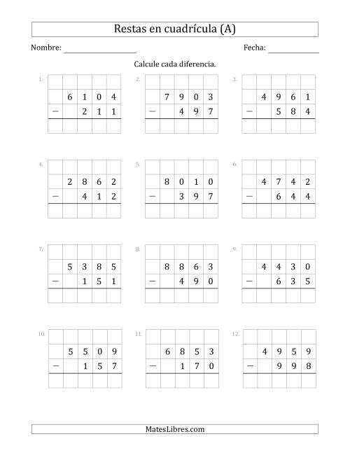 La hoja de ejercicios de Restar números de 3 dígitos, de números de 4 dígitos, con ayuda de una cuadrícula (A)