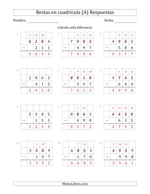 La hoja de ejercicios de Restar números de 3 dígitos, de números de 4 dígitos, con ayuda de una cuadrícula (A) Página 2