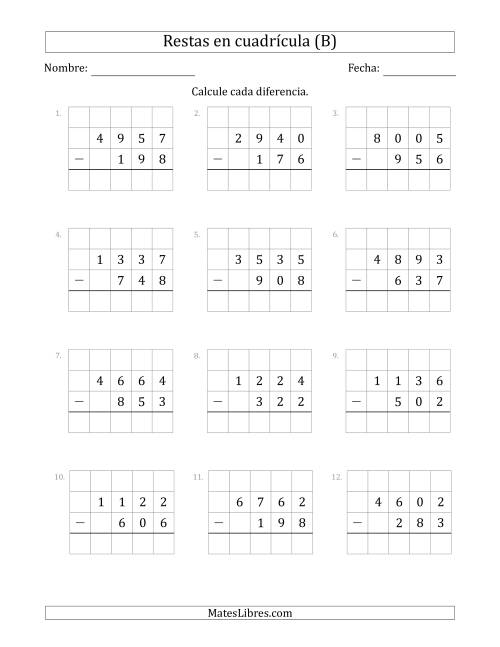 La hoja de ejercicios de Restar números de 3 dígitos, de números de 4 dígitos, con ayuda de una cuadrícula (B)