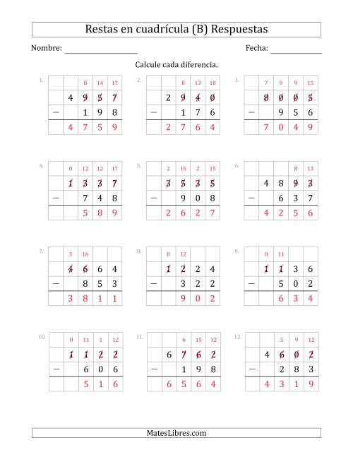 La hoja de ejercicios de Restar números de 3 dígitos, de números de 4 dígitos, con ayuda de una cuadrícula (B) Página 2