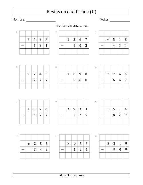 La hoja de ejercicios de Restar números de 3 dígitos, de números de 4 dígitos, con ayuda de una cuadrícula (C)