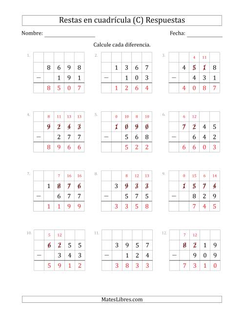 La hoja de ejercicios de Restar números de 3 dígitos, de números de 4 dígitos, con ayuda de una cuadrícula (C) Página 2