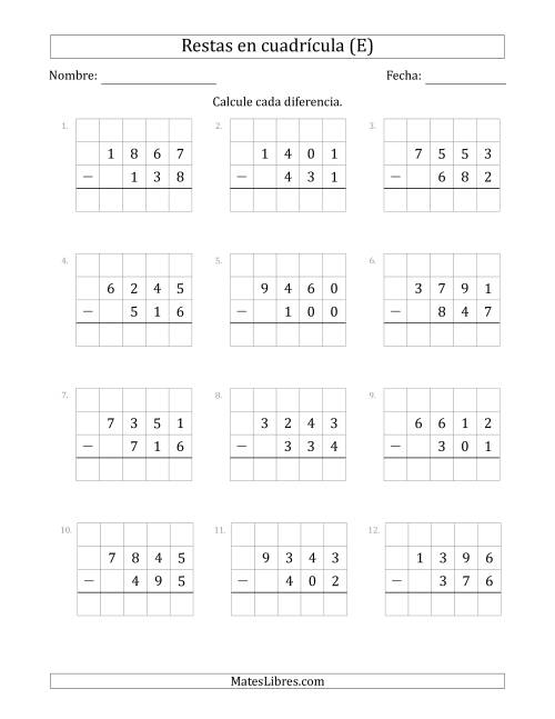 La hoja de ejercicios de Restar números de 3 dígitos, de números de 4 dígitos, con ayuda de una cuadrícula (E)