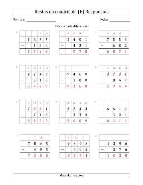 La hoja de ejercicios de Restar números de 3 dígitos, de números de 4 dígitos, con ayuda de una cuadrícula (E) Página 2
