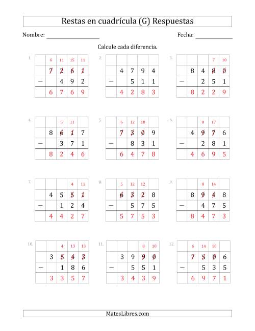 La hoja de ejercicios de Restar números de 3 dígitos, de números de 4 dígitos, con ayuda de una cuadrícula (G) Página 2