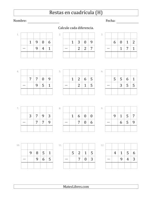 La hoja de ejercicios de Restar números de 3 dígitos, de números de 4 dígitos, con ayuda de una cuadrícula (H)
