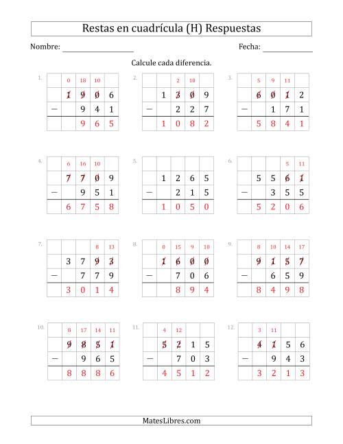 La hoja de ejercicios de Restar números de 3 dígitos, de números de 4 dígitos, con ayuda de una cuadrícula (H) Página 2