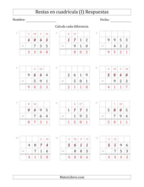 La hoja de ejercicios de Restar números de 3 dígitos, de números de 4 dígitos, con ayuda de una cuadrícula (I) Página 2
