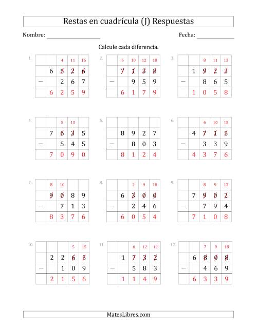 La hoja de ejercicios de Restar números de 3 dígitos, de números de 4 dígitos, con ayuda de una cuadrícula (J) Página 2