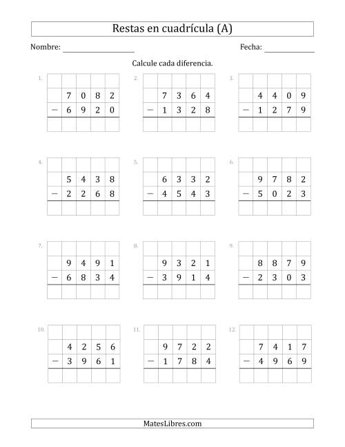 La hoja de ejercicios de Restar números de 4 dígitos, de números de 4 dígitos, con ayuda de una cuadrícula (A)