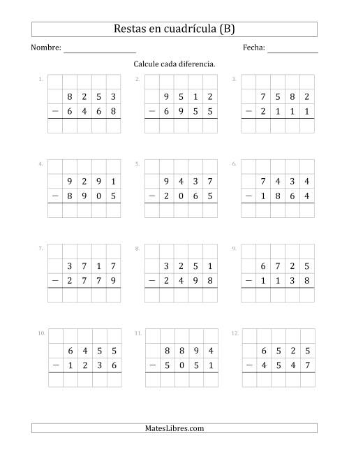 La hoja de ejercicios de Restar números de 4 dígitos, de números de 4 dígitos, con ayuda de una cuadrícula (B)