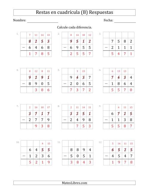 La hoja de ejercicios de Restar números de 4 dígitos, de números de 4 dígitos, con ayuda de una cuadrícula (B) Página 2