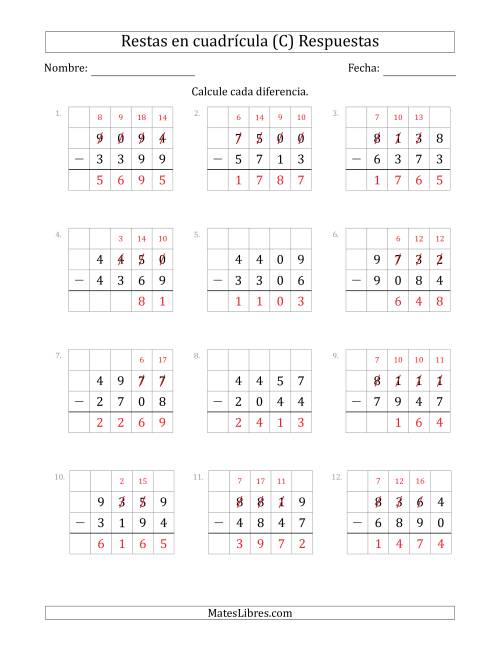 La hoja de ejercicios de Restar números de 4 dígitos, de números de 4 dígitos, con ayuda de una cuadrícula (C) Página 2