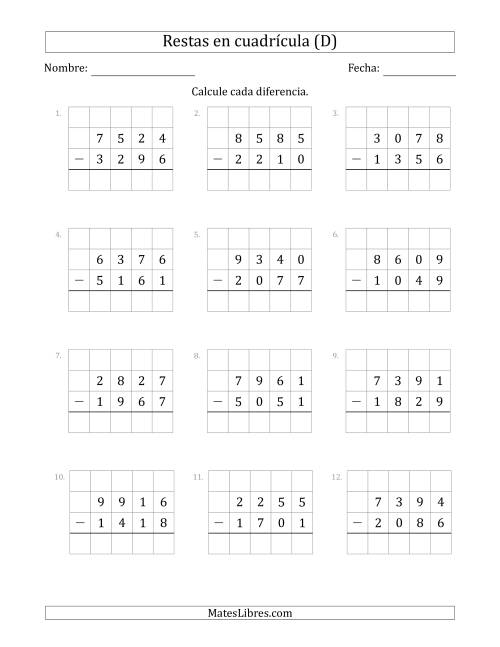 La hoja de ejercicios de Restar números de 4 dígitos, de números de 4 dígitos, con ayuda de una cuadrícula (D)