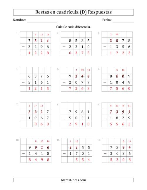 La hoja de ejercicios de Restar números de 4 dígitos, de números de 4 dígitos, con ayuda de una cuadrícula (D) Página 2