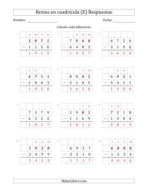 La hoja de ejercicios de Restar números de 4 dígitos, de números de 4 dígitos, con ayuda de una cuadrícula (E) Página 2