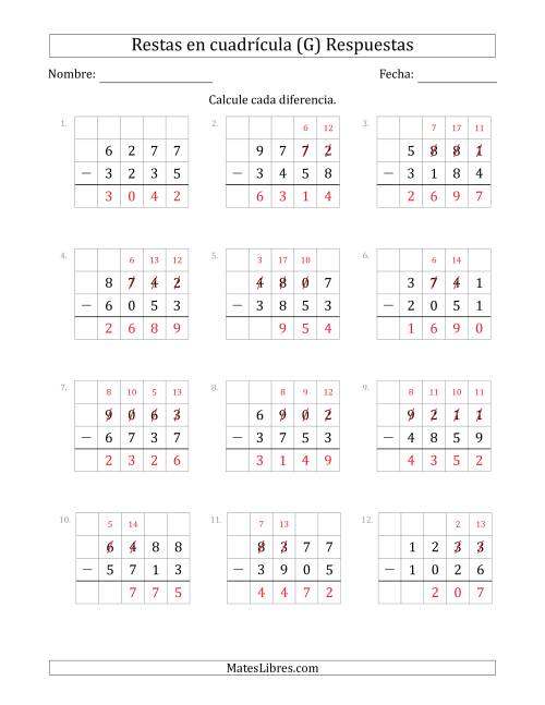 La hoja de ejercicios de Restar números de 4 dígitos, de números de 4 dígitos, con ayuda de una cuadrícula (G) Página 2