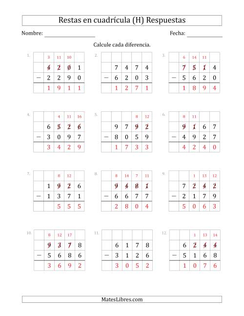 La hoja de ejercicios de Restar números de 4 dígitos, de números de 4 dígitos, con ayuda de una cuadrícula (H) Página 2