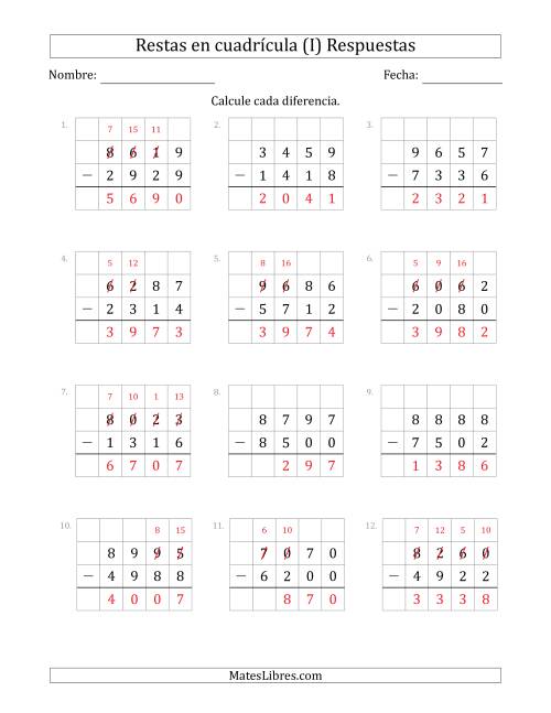 La hoja de ejercicios de Restar números de 4 dígitos, de números de 4 dígitos, con ayuda de una cuadrícula (I) Página 2
