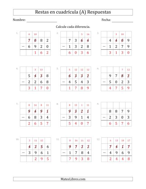 La hoja de ejercicios de Restar números de 4 dígitos, de números de 4 dígitos, con ayuda de una cuadrícula (Todas) Página 2