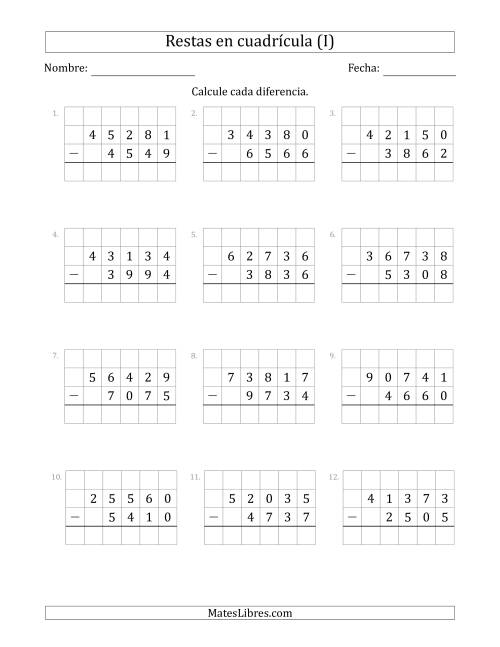 La hoja de ejercicios de Restar números de 4 dígitos, de números de 5 dígitos, con ayuda de una cuadrícula (I)