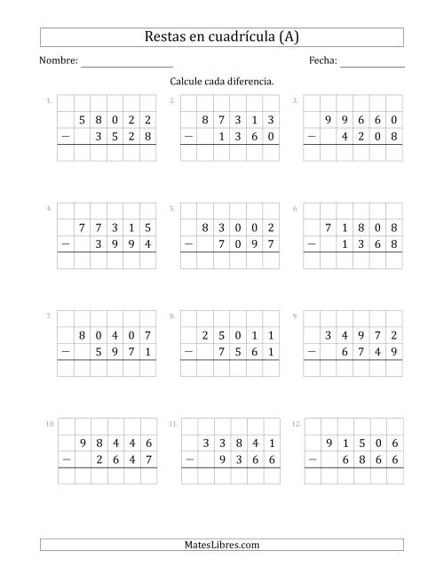 La hoja de ejercicios de Restar números de 4 dígitos, de números de 5 dígitos, con ayuda de una cuadrícula (Todas)