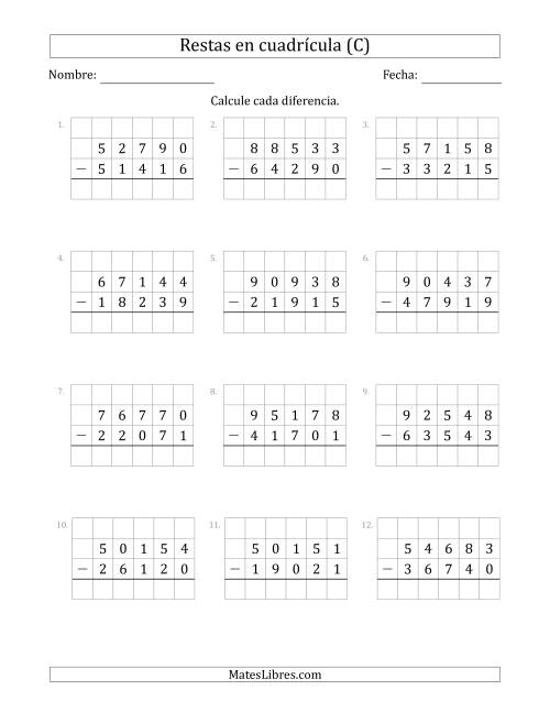 La hoja de ejercicios de Restar números de 5 dígitos, de números de 5 dígitos, con ayuda de una cuadrícula (C)