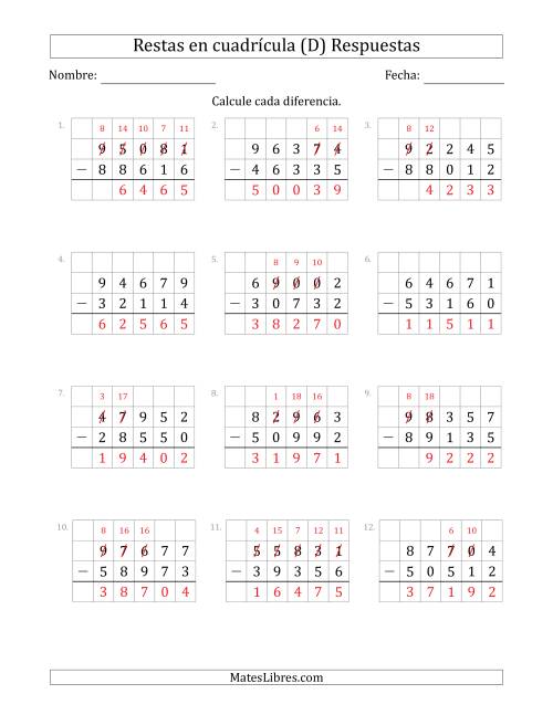 La hoja de ejercicios de Restar números de 5 dígitos, de números de 5 dígitos, con ayuda de una cuadrícula (D) Página 2