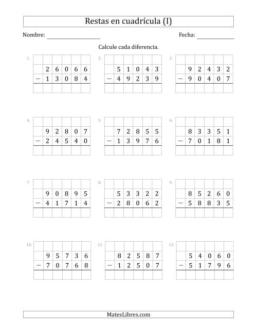 La hoja de ejercicios de Restar números de 5 dígitos, de números de 5 dígitos, con ayuda de una cuadrícula (I)