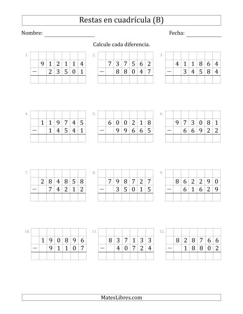 La hoja de ejercicios de Restar números de 5 dígitos, de números de 6 dígitos, con ayuda de una cuadrícula (B)