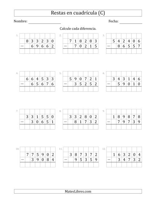 La hoja de ejercicios de Restar números de 5 dígitos, de números de 6 dígitos, con ayuda de una cuadrícula (C)
