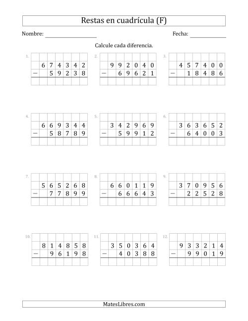 La hoja de ejercicios de Restar números de 5 dígitos, de números de 6 dígitos, con ayuda de una cuadrícula (F)