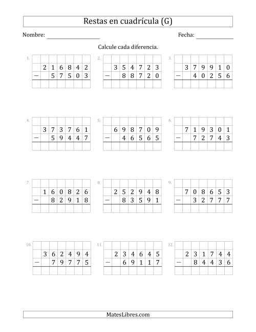 La hoja de ejercicios de Restar números de 5 dígitos, de números de 6 dígitos, con ayuda de una cuadrícula (G)