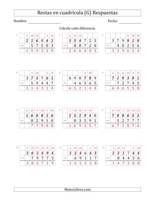 La hoja de ejercicios de Restar números de 5 dígitos, de números de 6 dígitos, con ayuda de una cuadrícula (G) Página 2