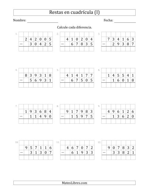 La hoja de ejercicios de Restar números de 5 dígitos, de números de 6 dígitos, con ayuda de una cuadrícula (I)