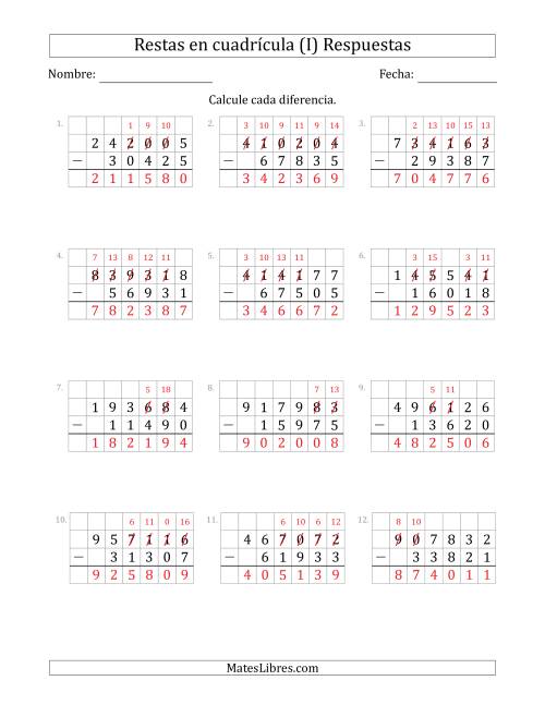 La hoja de ejercicios de Restar números de 5 dígitos, de números de 6 dígitos, con ayuda de una cuadrícula (I) Página 2
