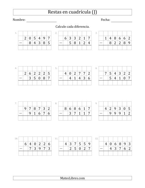 La hoja de ejercicios de Restar números de 5 dígitos, de números de 6 dígitos, con ayuda de una cuadrícula (J)