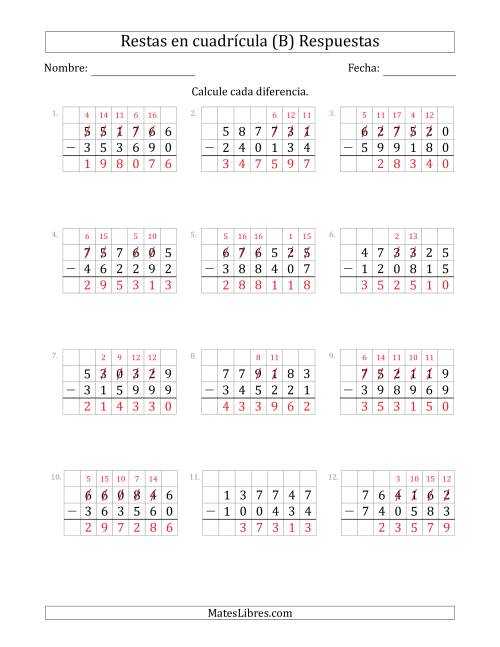 La hoja de ejercicios de Restar números de 6 dígitos, de números de 6 dígitos, con ayuda de una cuadrícula (B) Página 2