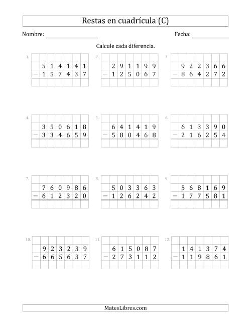 La hoja de ejercicios de Restar números de 6 dígitos, de números de 6 dígitos, con ayuda de una cuadrícula (C)