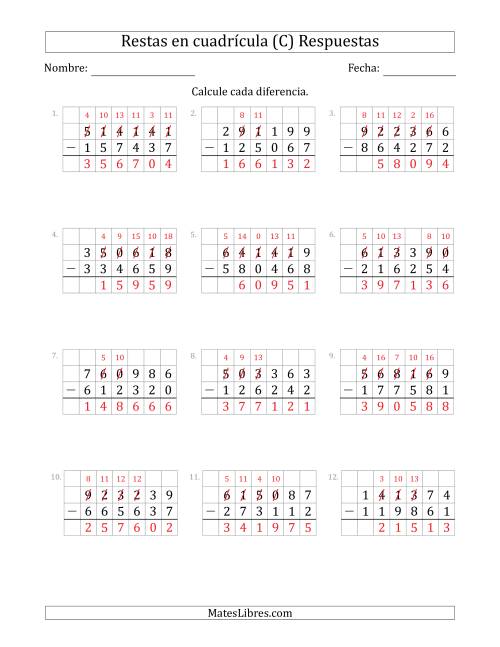 La hoja de ejercicios de Restar números de 6 dígitos, de números de 6 dígitos, con ayuda de una cuadrícula (C) Página 2