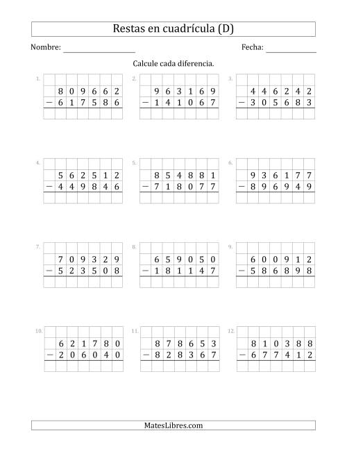 La hoja de ejercicios de Restar números de 6 dígitos, de números de 6 dígitos, con ayuda de una cuadrícula (D)