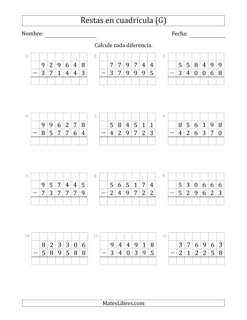 La hoja de ejercicios de Restar números de 6 dígitos, de números de 6 dígitos, con ayuda de una cuadrícula (G)
