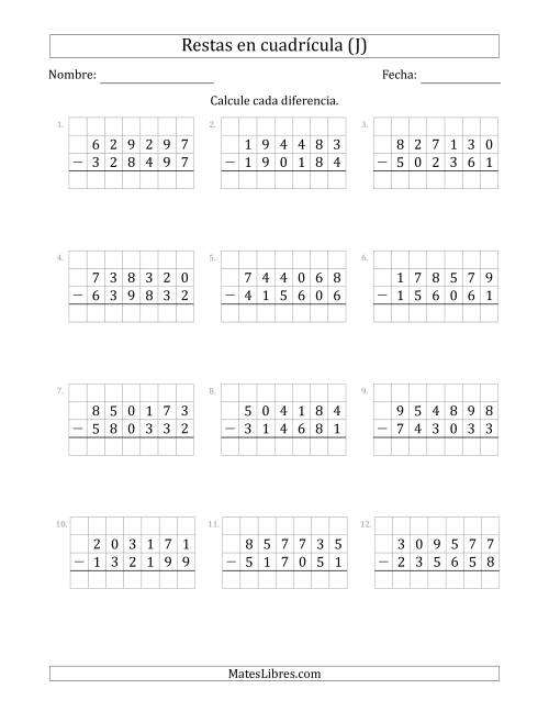 La hoja de ejercicios de Restar números de 6 dígitos, de números de 6 dígitos, con ayuda de una cuadrícula (J)