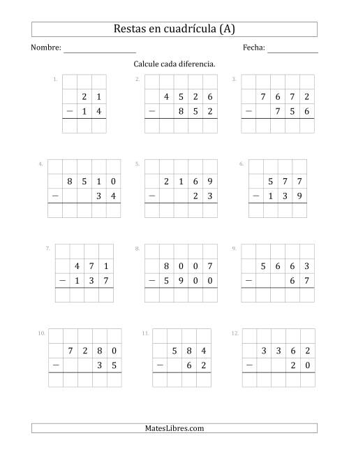 La hoja de ejercicios de Restar números de 2 a 4 dígitos, de números de 2 a 4 dígitos, con ayuda de una cuadrícula (A)