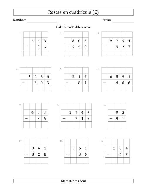 La hoja de ejercicios de Restar números de 2 a 4 dígitos, de números de 2 a 4 dígitos, con ayuda de una cuadrícula (C)