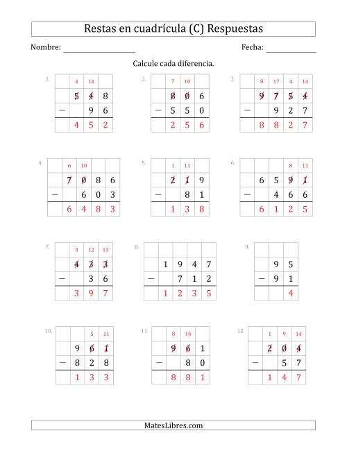 La hoja de ejercicios de Restar números de 2 a 4 dígitos, de números de 2 a 4 dígitos, con ayuda de una cuadrícula (C) Página 2
