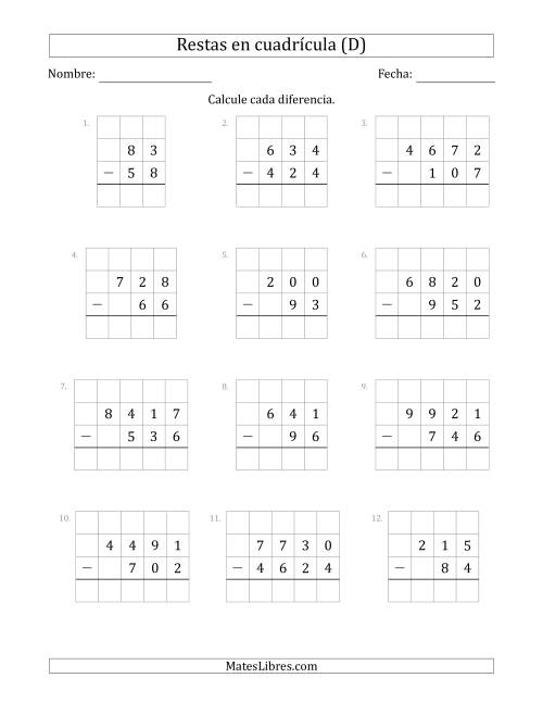 La hoja de ejercicios de Restar números de 2 a 4 dígitos, de números de 2 a 4 dígitos, con ayuda de una cuadrícula (D)